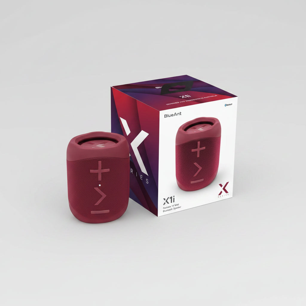 Red BlueAnt X1i Bluetooth speaker packaging on a white background