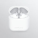 White wireless earbuds with charging case on a white background