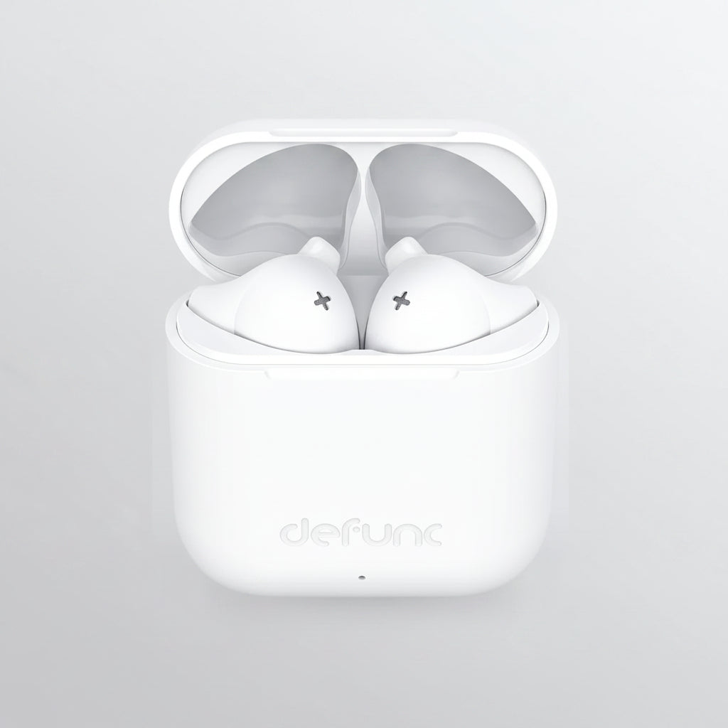 White wireless earbuds with charging case on a white background