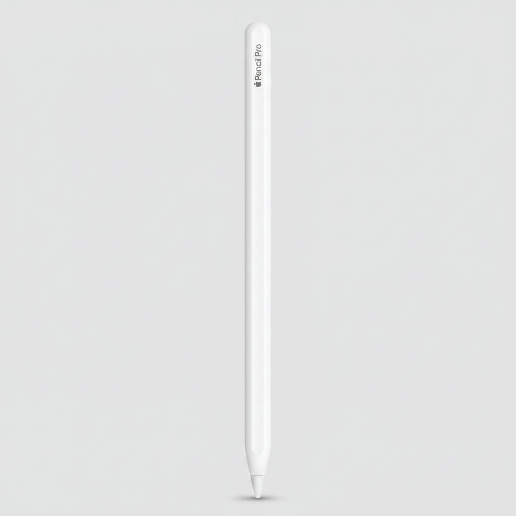 Apple Pencil Pro in white with black printed branding, shown vertically against a solid white background.