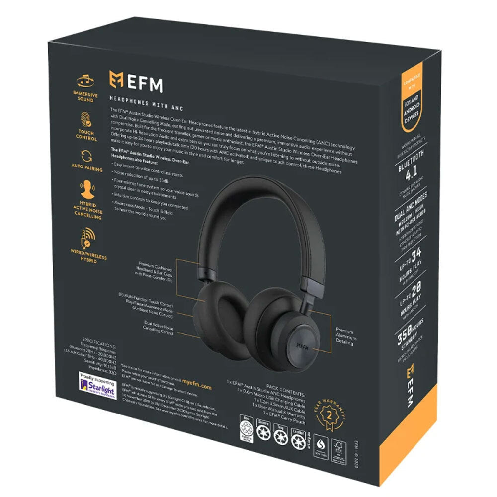 EFM Austin Studio Wireless ANC Headphones With Dual Mode Active Noise - Black