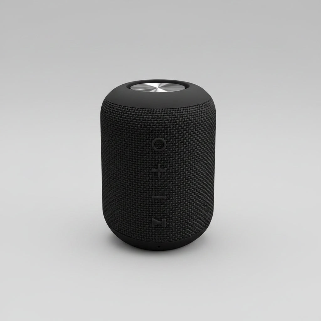 Black textured portable speaker on a white background