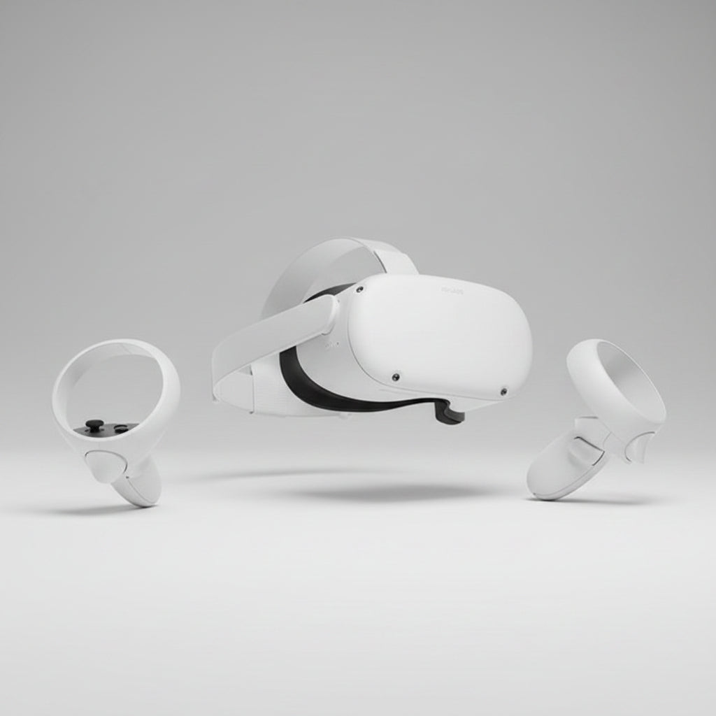 White VR headset and controllers on a white background
