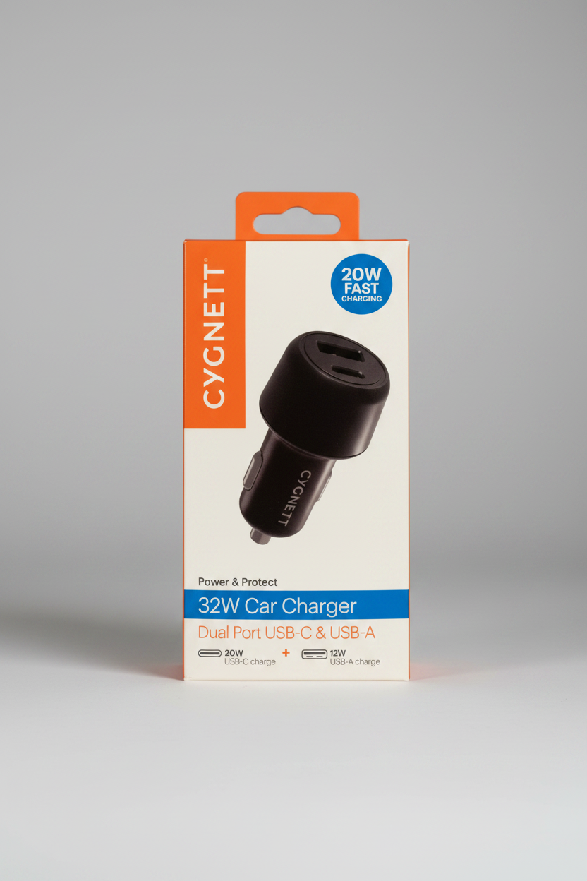 Cygnett 32W car charger packaging with dual USB ports on a white background
