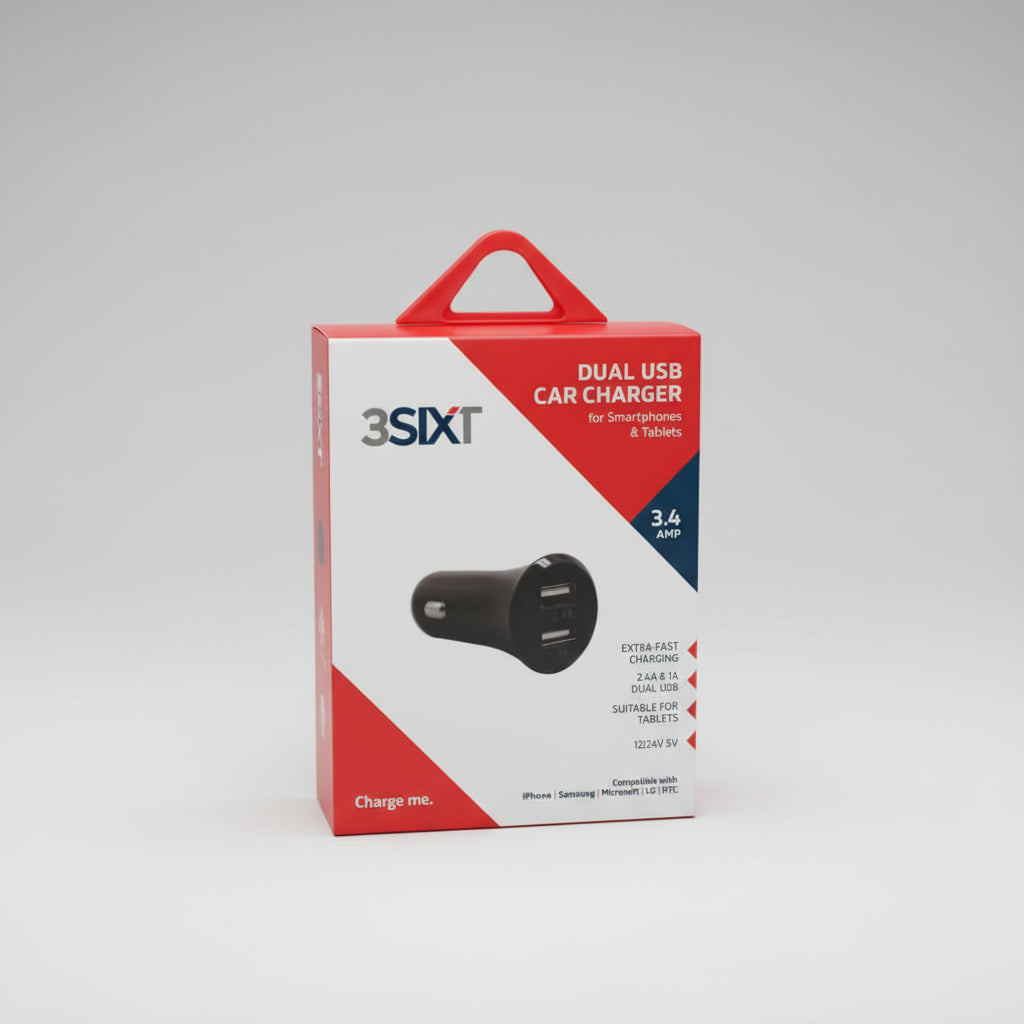3SIXT dual USB car charger packaging on a white background