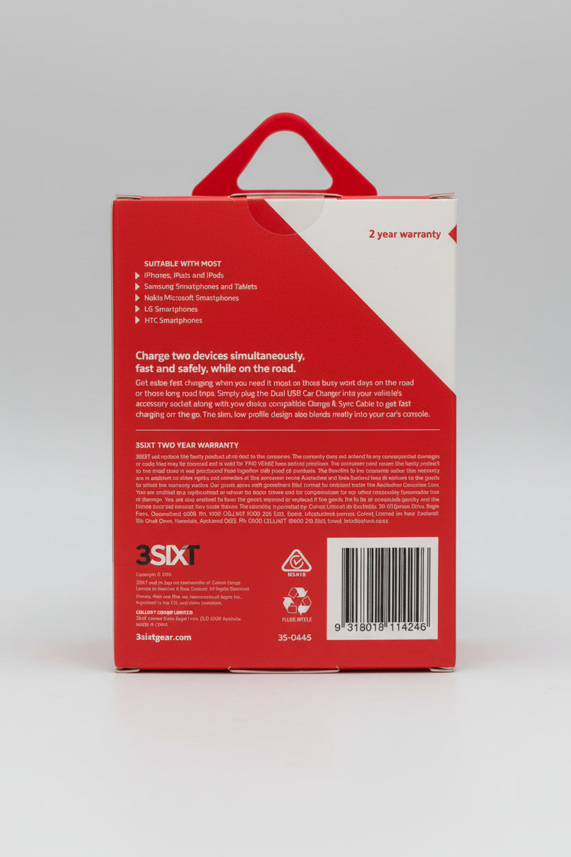 Back of a red product box with text and branding on a white background