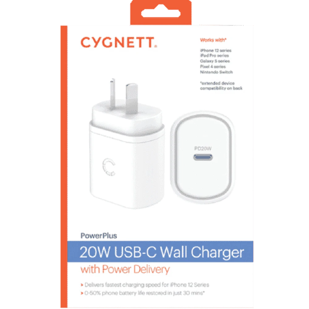 Cygnett 20W USB-C PD AC Wall Charger for iPhone and iPad - White