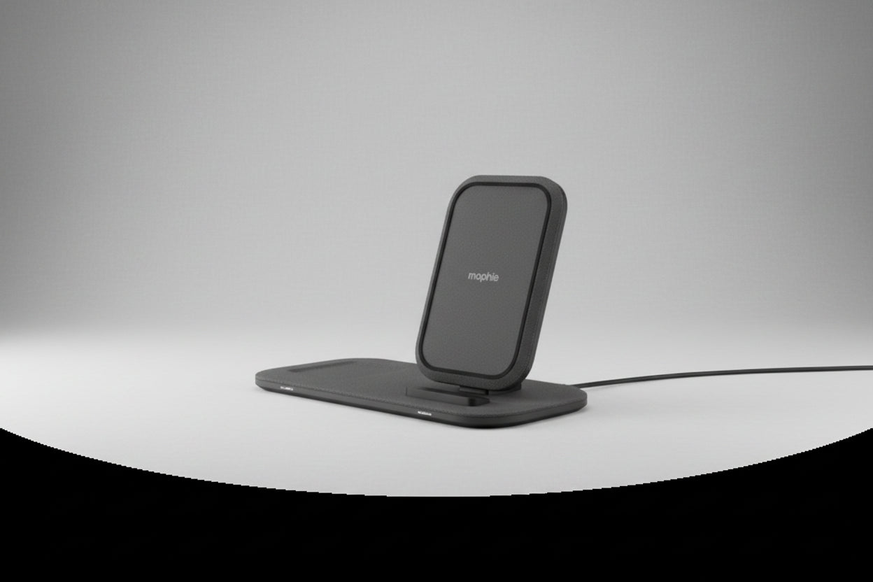 Black wireless charging stand with 'mophie' branding on a white background
