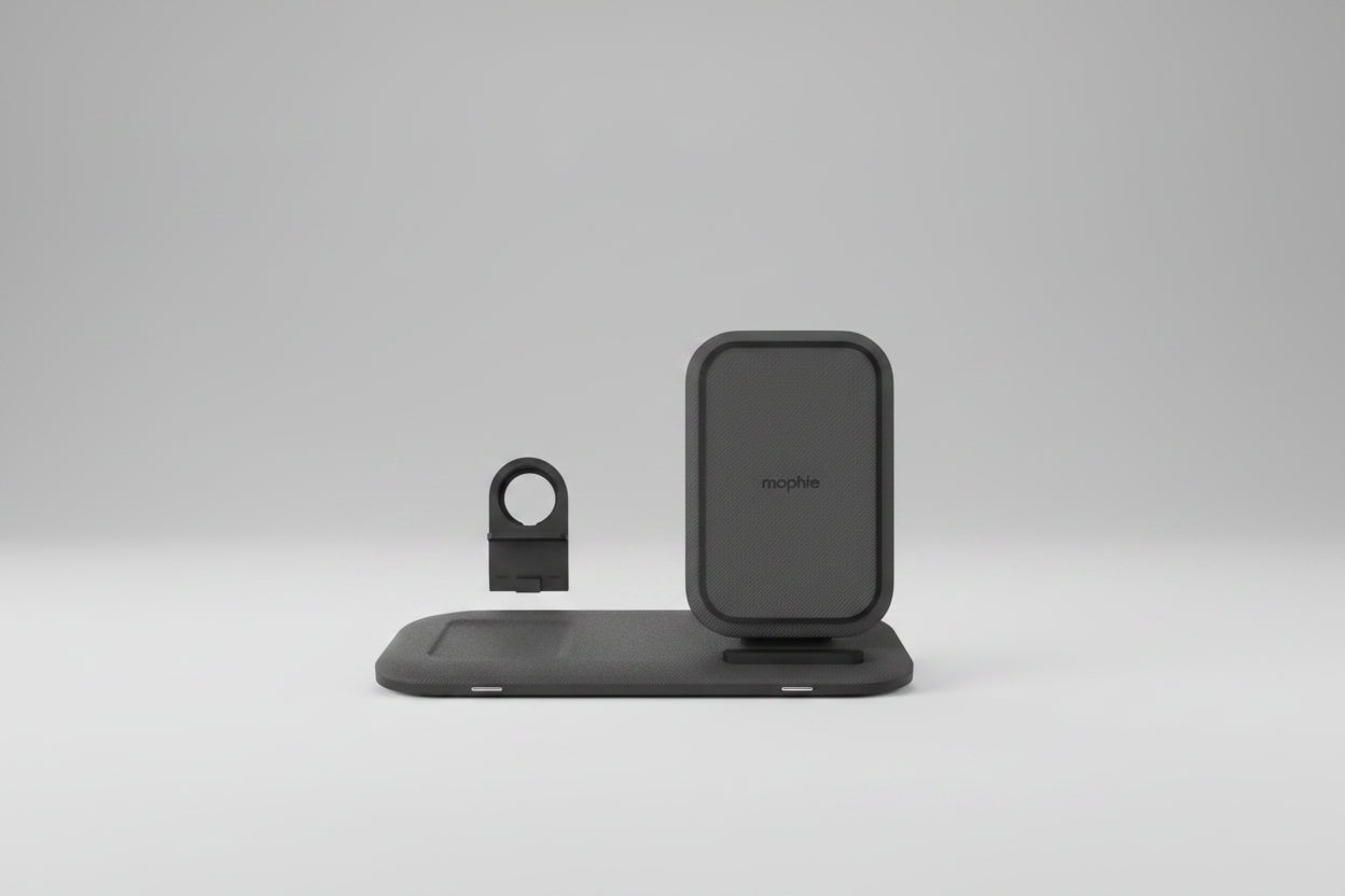 Black wireless charging stand with mophie branding on a white background