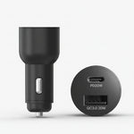 Black car charger with USB port and PD20W label on a white background