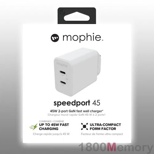 GENUINE Mophie Speedport 45W 2 Port GaN PD 3.0 USB-C Wall Charger 100-240V AC