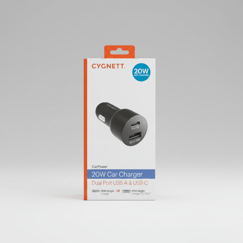 Cygnett 20W car charger with dual USB ports on a white background